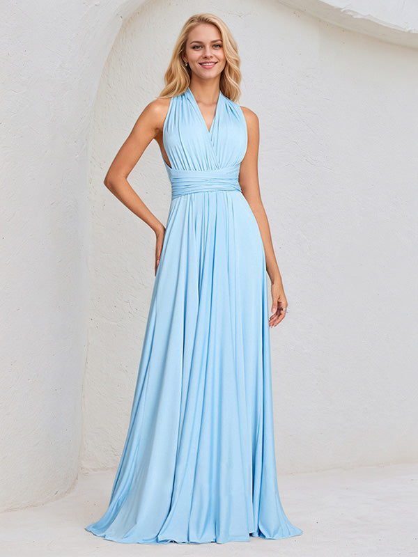 Sky Blue Chiffon A Line Halter Neck Floor-Length Sleeveless Bridesmaid Dress