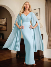 Sheath/Column Chiffon V Neck Long Sleeves Floor Length Dress