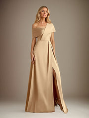 Champagne A Line Satin Asymmetrical neckline Cold Shoulder Sleeve Floor Length Dress