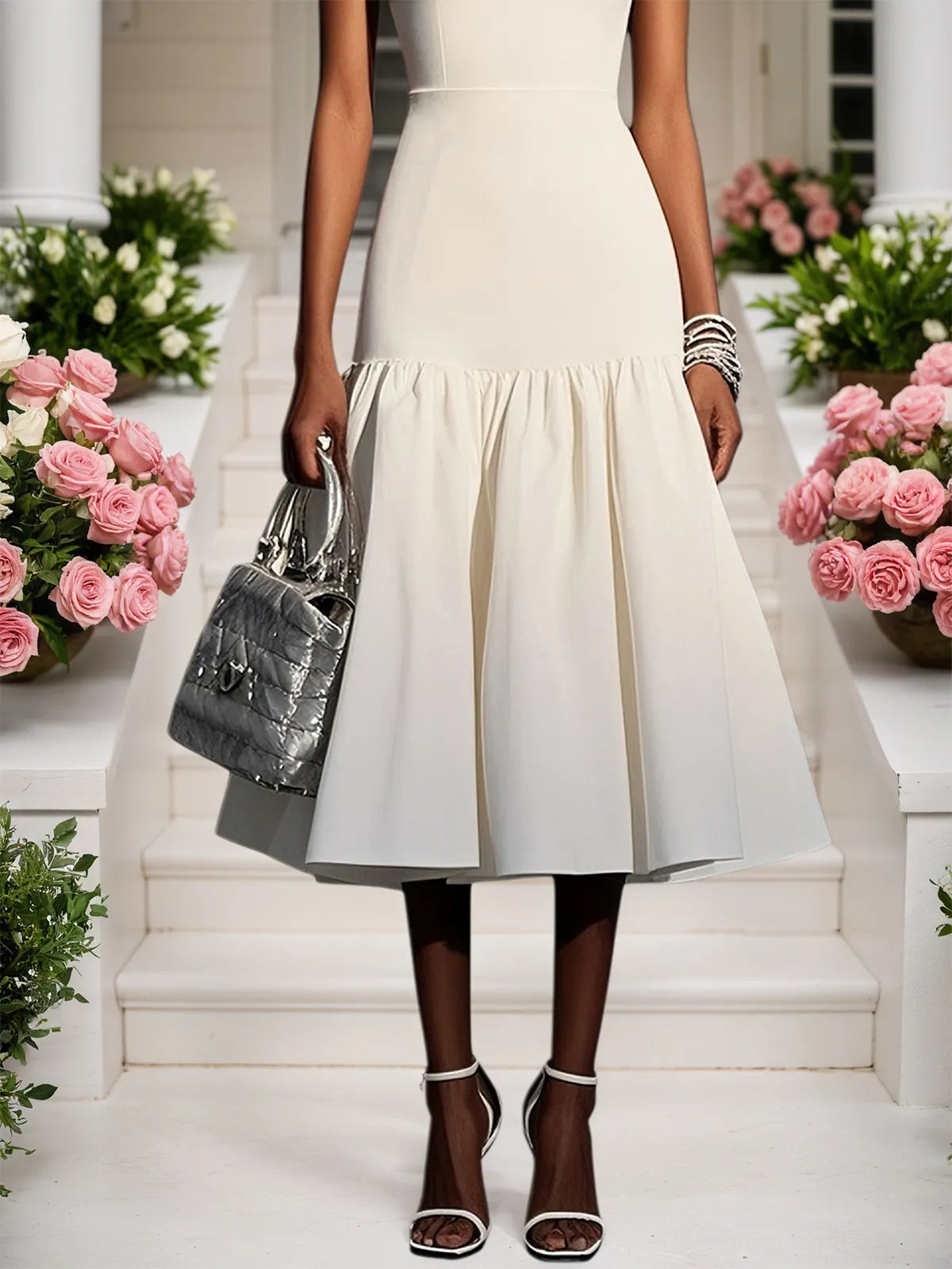 White Knit Crew Neck Short Sleeve Mermaid Midi Dress