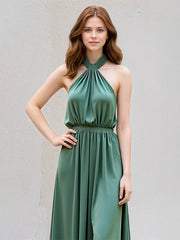 Green A Line Satin Halter Neck Sleeveless Floor Length Dress