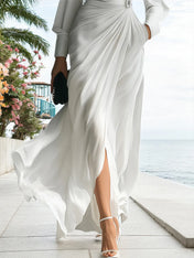 Elegant Floral Embellished Long Sleeve Pleated Chiffon Dress