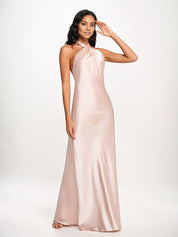 Pearl Pink Sheath/Column Halter Floor-Length Sleeveless Satin Bridesmaid Dress