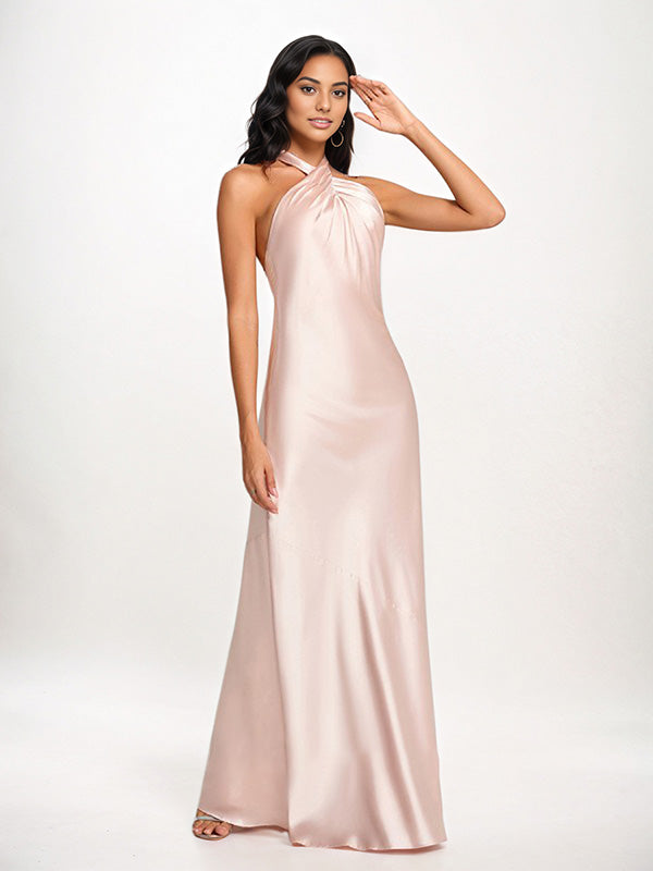 Pearl Pink Sheath/Column Halter Floor-Length Sleeveless Satin Bridesmaid Dress