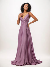 Wisteria A-Line Satin Ruffles V-Neck Sleeveless Floor Length Bridesmaid Dresses