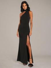 Black Sheath/Column Stretch Crepe Asymmetrical Sleeveless Floor Length Dresses
