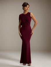 Burgundy Chiffon Sheath/Column Scoop Neck Sleeveless Floor Length Bridesmaid Dresses
