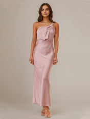 Dusty Rose Satin Sheath/Column One Shoulder Sleeveless Ankle Length Bridesmaid Dress