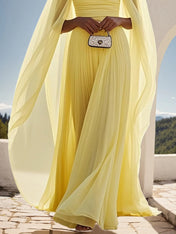 Yellow Pleated Chiffon Dress Square Neck Long Sleeve A-Line Gown