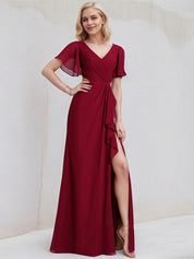 Burgundy Chiffon A Line V Neck Short Sleeves Floor Length Bridesmaid Dress With Ruffle