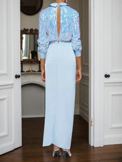 Blue Sequin Collared Long Sleeve Slit Sheath Maxi Dress