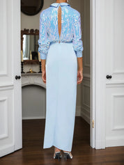 Blue Sequin Collared Long Sleeve Slit Sheath Maxi Dress