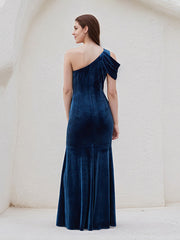 Royal Blue Trumpet/Mermaid Velvet One Shoulder Sleeveless Floor Length Dress