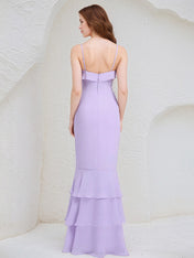 Lilac Chiffon Spaghetti Straps Sleeveless Floor Length Bridesmaid Dress With Cascading Ruffles
