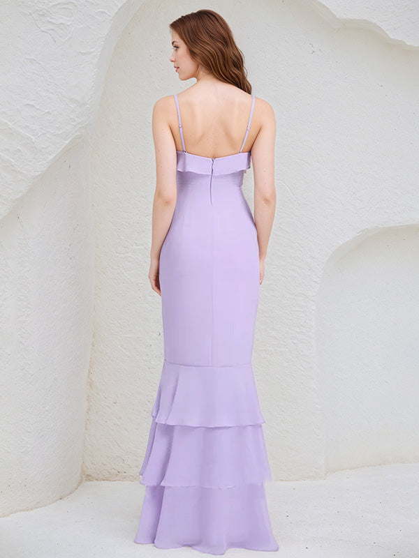 Lilac Chiffon Spaghetti Straps Sleeveless Floor Length Bridesmaid Dress With Cascading Ruffles