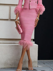 Women Tweed Rose Red Feather-trimmed Buckle Crew Neck Three Quarter Sleeve Dressy Coat With Skirt Two-Piece Set