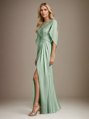 Mist Blue A Line Satin Boat Neck Cape Sleeves Floor Length Dress With High Slit