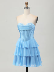 Light Blue A Line Tiered Sweetheart Corset Short Homecoming Dress