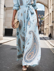 Light Blue Floral Paisley Cotton Shirt Dress Shirt Collar Long Sleeve A-Line Maxi Dress