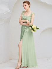 Mint Green Chiffon A Line Square Neck Sleeveless Floor Length Bridesmaid Dress with Ruffle