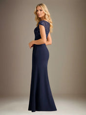 Trumpet/Mermaid Stretch Crepe Scoop Neck Cape Sleeve Floor Length Dress