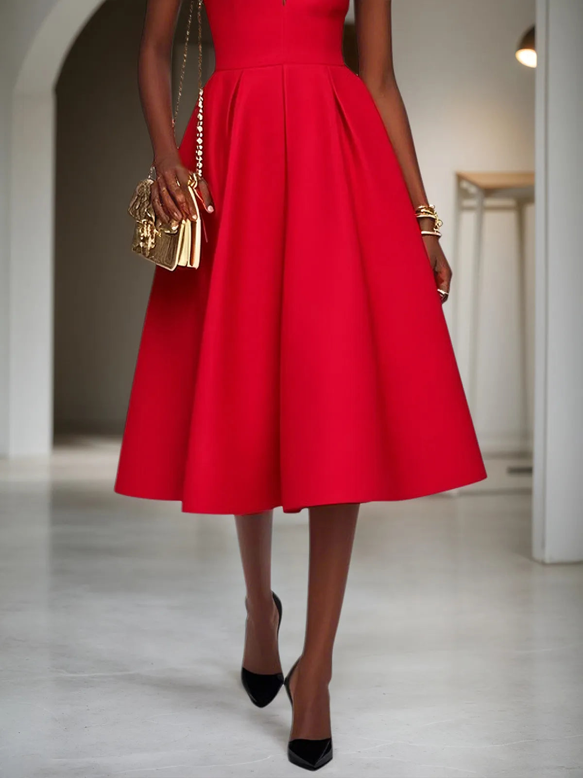Red Classic Shirt Collar Sleeveless A-Line Midi Dress