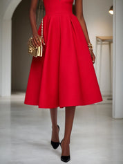 Red Classic Shirt Collar Sleeveless A-Line Midi Dress