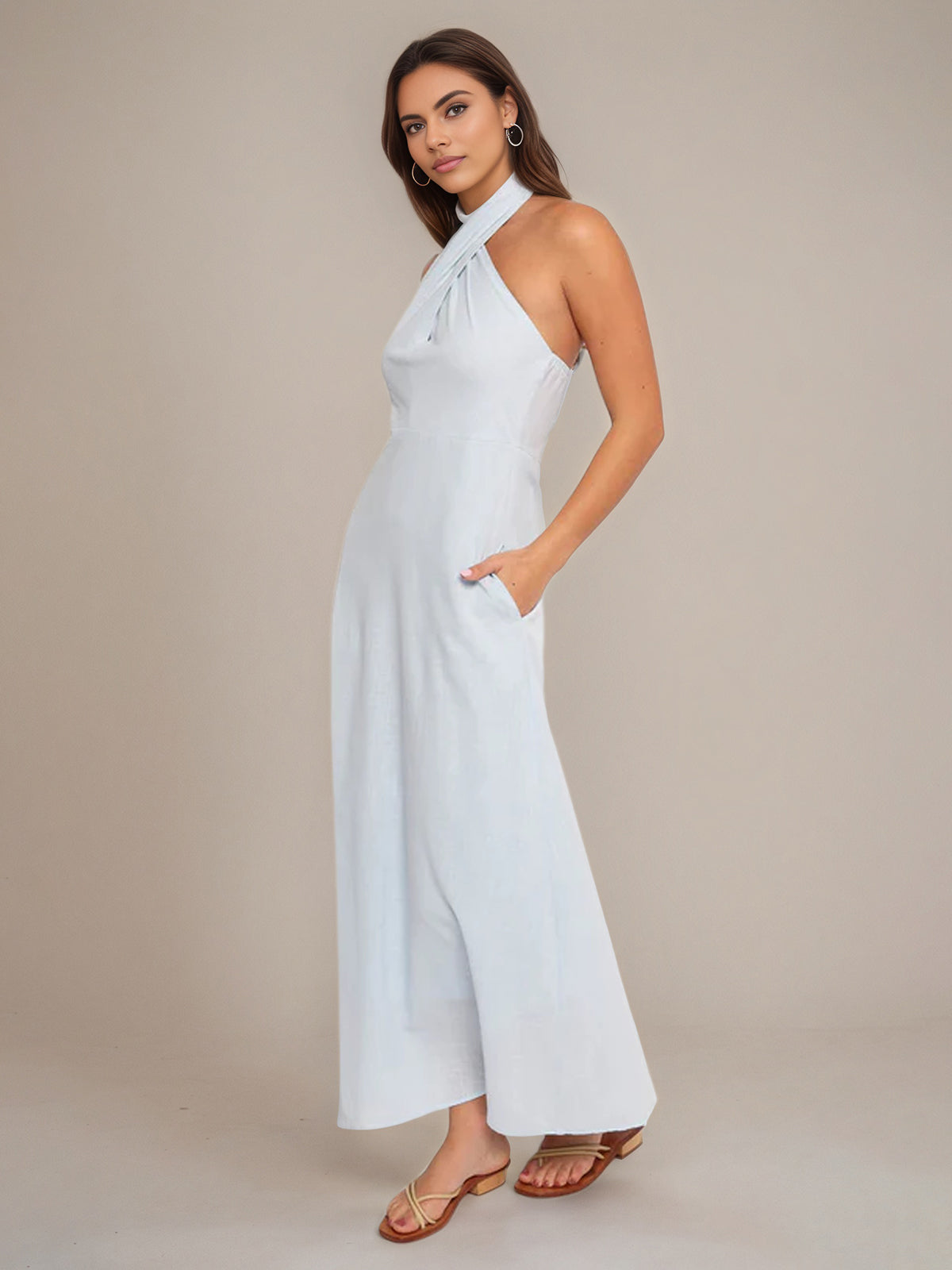 Pale Blue Sheath/Column Halter Neck Sleeveless Ankle Length Bridesmaid Dress