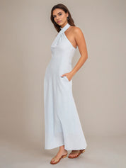 Pale Blue Sheath/Column Halter Neck Sleeveless Ankle Length Bridesmaid Dress