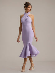 Lilac Chiffon Sheath/Column Halter Neck Sleeveless Tea Length Dress