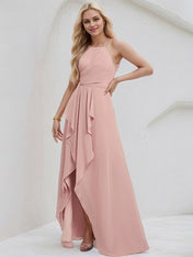 Dusty Rose Chiffon A Line Halter Neck Sleeveless Asymmetrical Bridesmaid Dress
