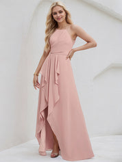 Dusty Rose Chiffon A Line Halter Neck Sleeveless Asymmetrical Bridesmaid Dress