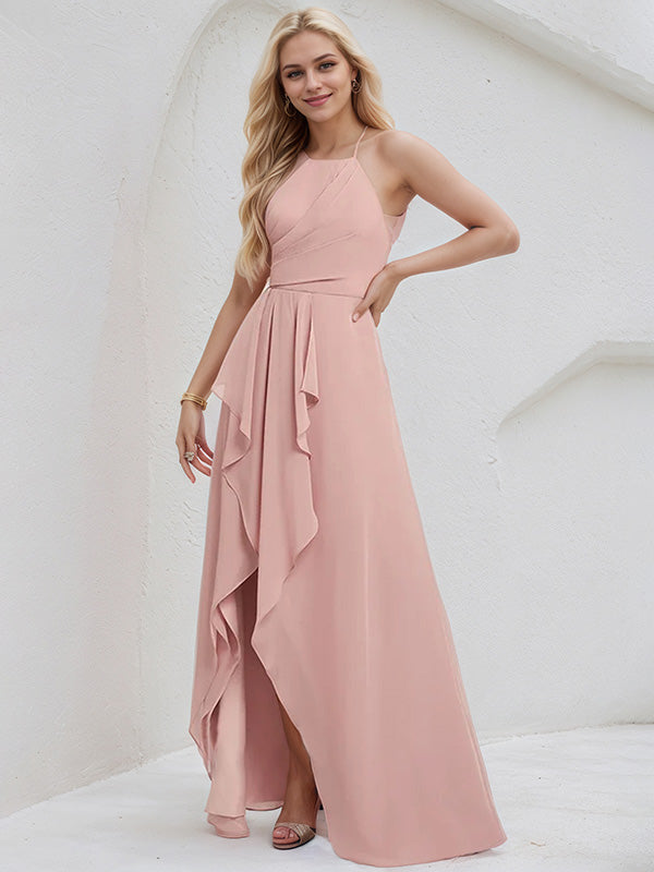 Dusty Rose Chiffon A Line Halter Neck Sleeveless Asymmetrical Bridesmaid Dress