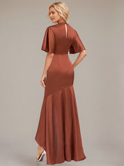 Trumpet/Mermaid High Neck Short Sleeves Asymmetrical Satin Bridesmaid Dress