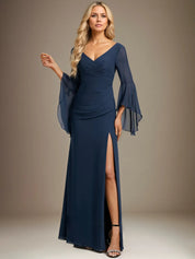 Sheath/Column V-Neck Floor-Length Chiffon Dress With Pleated