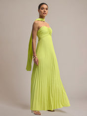 Green Chiffon A Line Off The Shoulder Sleeveless Floor Length Pleated Dress