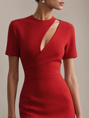 Red Sheath/Column Stretch Crepe Scoop Neck Short Sleeves Tea Length Dresses