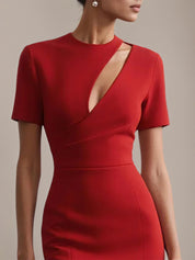Red Sheath/Column Stretch Crepe Scoop Neck Short Sleeves Tea Length Dresses