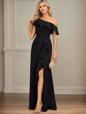 Sheath/Column One Shoulder Floor-Length Stretch Crepe Dress With Cascading Ruffles