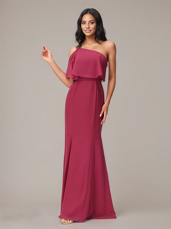 Mulberry Sheath/Column Chiffon One Shoulder Sleeveless Floor-Length Bridesmaid Dresses