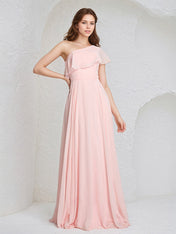 Pink Chiffon A-Line One Shoulder Floor-Length Sleeveless Bridesmaid Dress With Ruffles