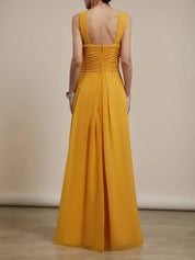 Yellow Pleated Cross Neck Sleeveless A-Line Maxi Chiffon Bridesmaid Dress