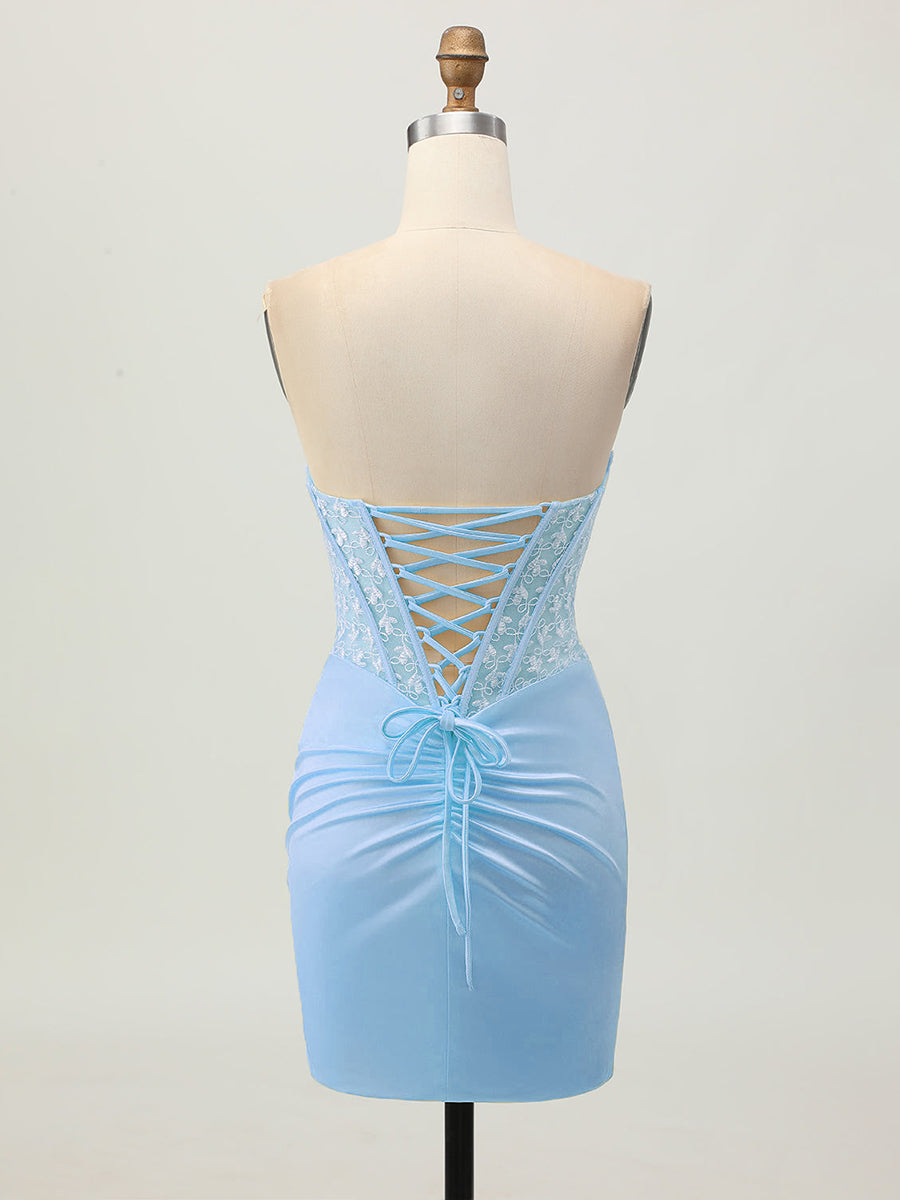 Blue Tight Strapless Satin Corset Homecoming Dress with Lace Up Back