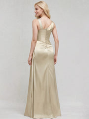 Champagne Satin A Line One Shoulder Sleeveless Floor Length Bridesmaid Dress