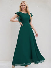 Peacock Chiffon A Line Scoop Short Sleeves Floor Length Bridesmaid Dress With Cascading Ruffles