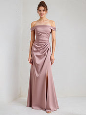 A Line Mauve Satin Off the Shoulder Sleeveless Floor Length Dress With Slit
