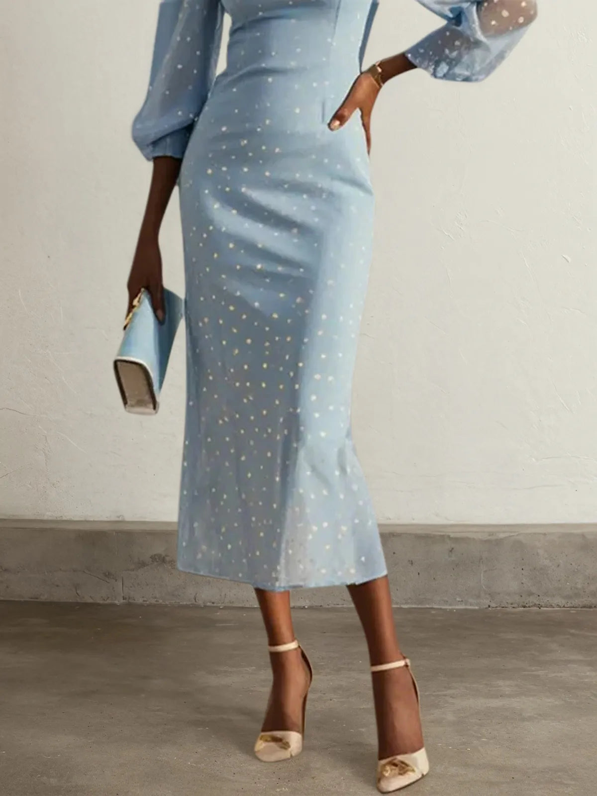 Light Blue Chiffon Square Neck Long Balloon Sleeve Sheath Midi Dress