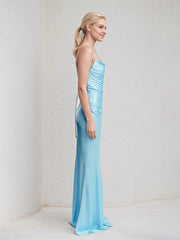 Iceberg Blue Sheath/Column Satin Spaghetti Straps Sleeveless Floor Length Dress