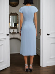 Light Blue Ruched Asymmetric Classic Cowl Neck Cap Sleeve Sheath Midi Dress
