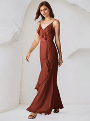Rust Chiffon A Line Spaghetti Straps Sleeveless Floor Length Bridesmaid Dress
